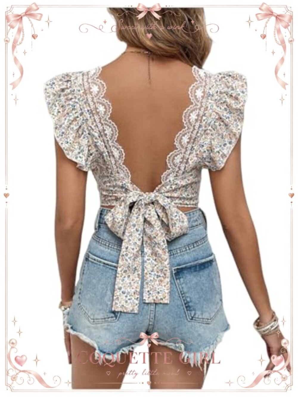 Ditsy Floral Bow Tie Backless Crop Blouse Ruffle Cap Sleeve Square Neck